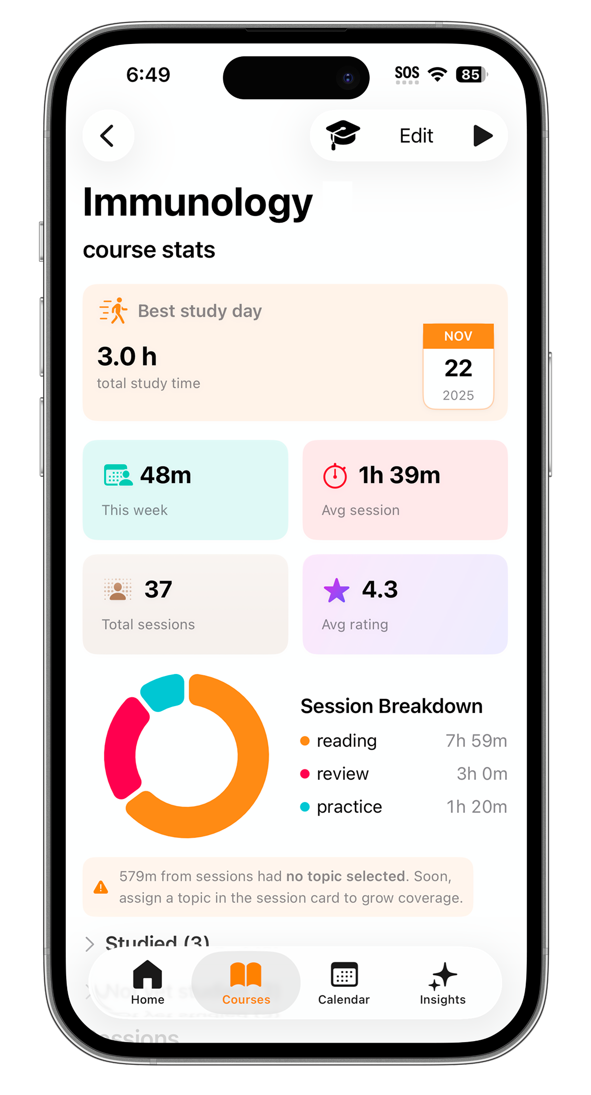 EstudyLog course detail screen showing study habit breakdown by type and progress metrics